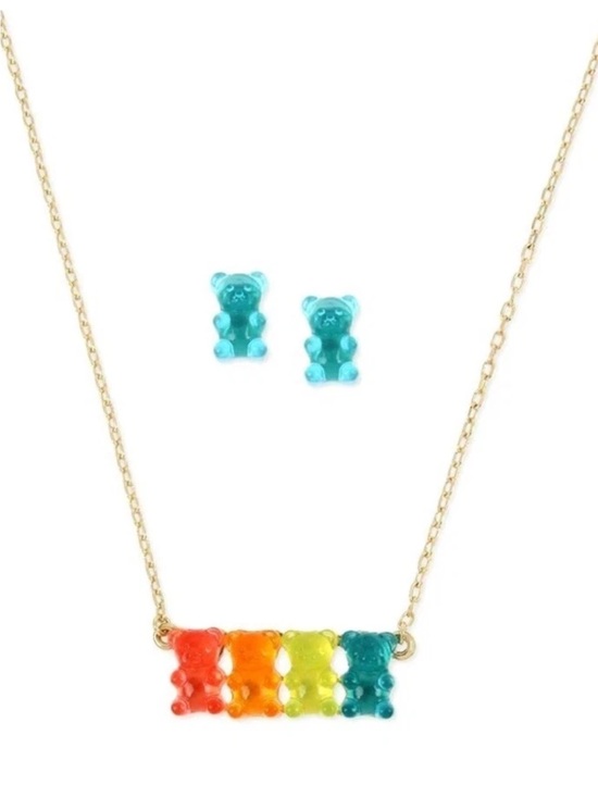 Betsey Johnson Jewelry - BETSEY JOHNSON RAINBOW GUMMY BEAR STUD EARRINGS AND GOLD-TONE NECKLACE NIB!